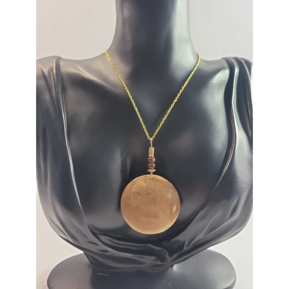 Gold Tone Tan Brown Round Disc Pendant Necklace Marbled Statement Boho Jewelry